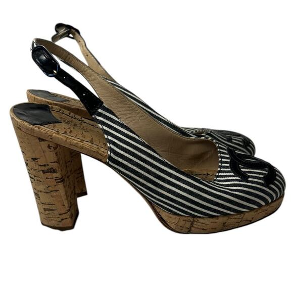 CHANEL Cruise 2008 Cork Striped CC Slingback Platform Heels Size 37 US 6.5 - Picture 4 of 9